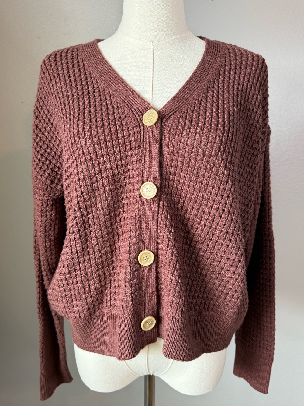 Maurices Waffle Knit Button Front Cardigan Sweater Mauve Brown Size Small